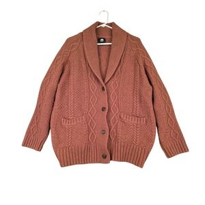Roots Mens Wool Cashmere Blend Cable Knit Shawl Collar Cardigan Rust Orange M